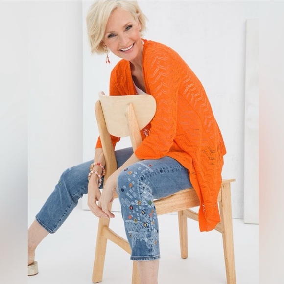 Chicos Size 3 (XL) Lily Open Knit Cardigan Sweater Long Sleeve Orange Shark Bite - Picture 2 of 12